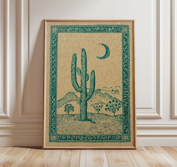 Cactus Moon Poster Desert Landscape Print Vintage Western Illustration