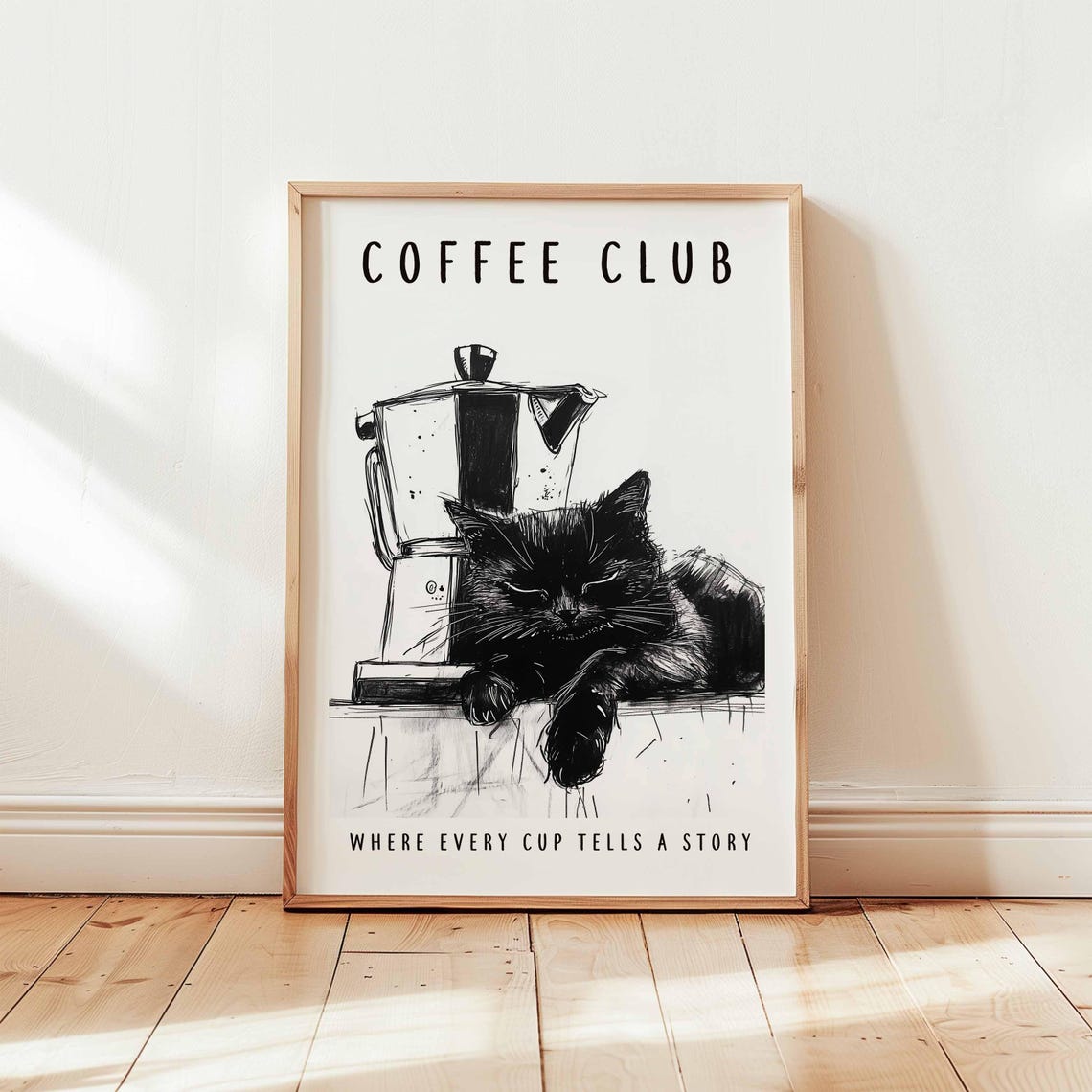 Coffee Club Black Cat And Moka Pot Sketch Kitchen Decor Poster
