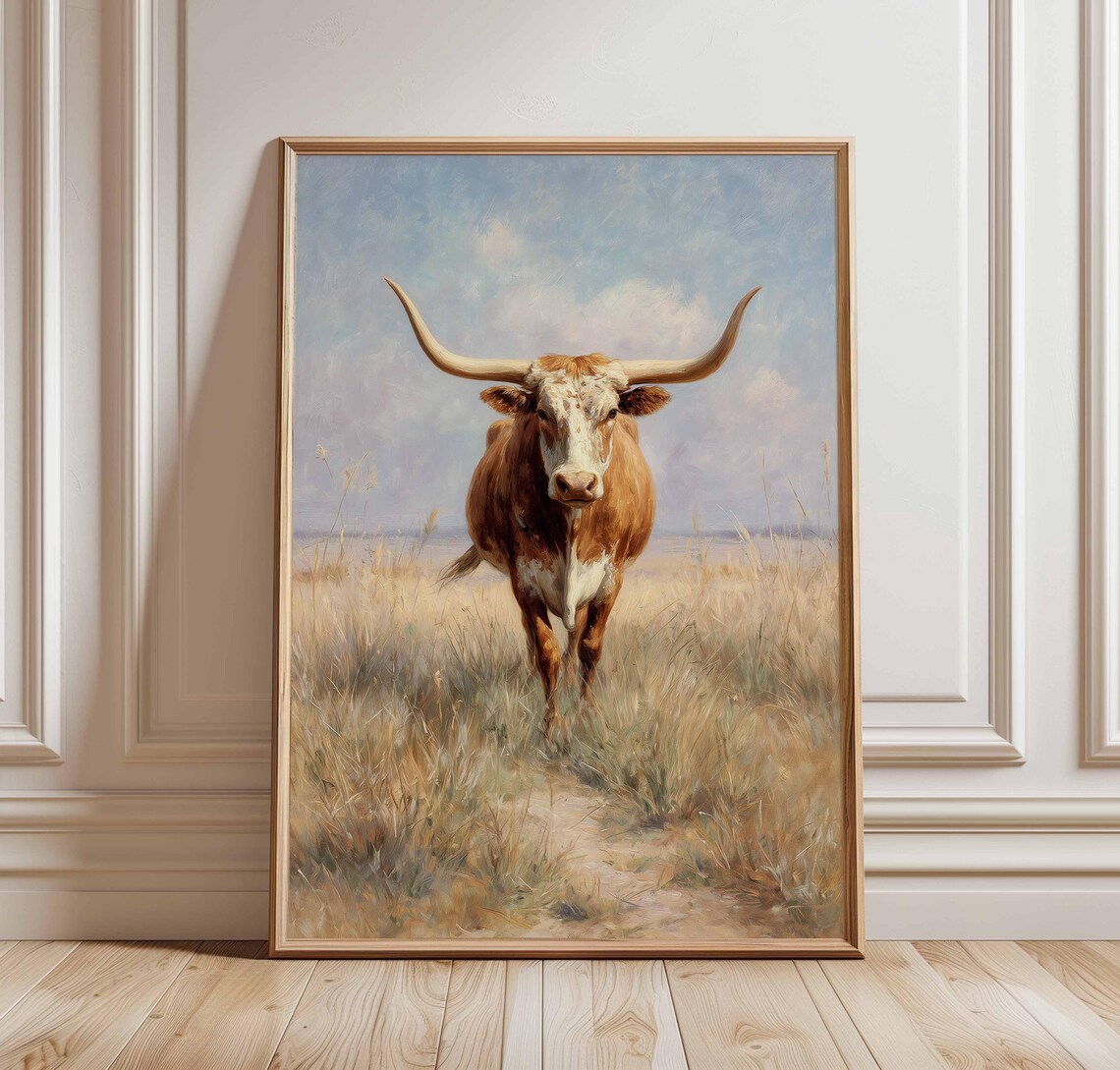 Texas Longhorn Cow Field Oil Painting Western Rustic Art Poster