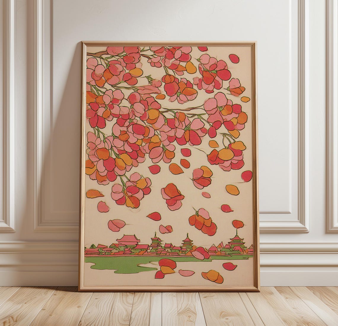 Cherry Blossom Petals Over Japanese Temple Town Illustration Poster