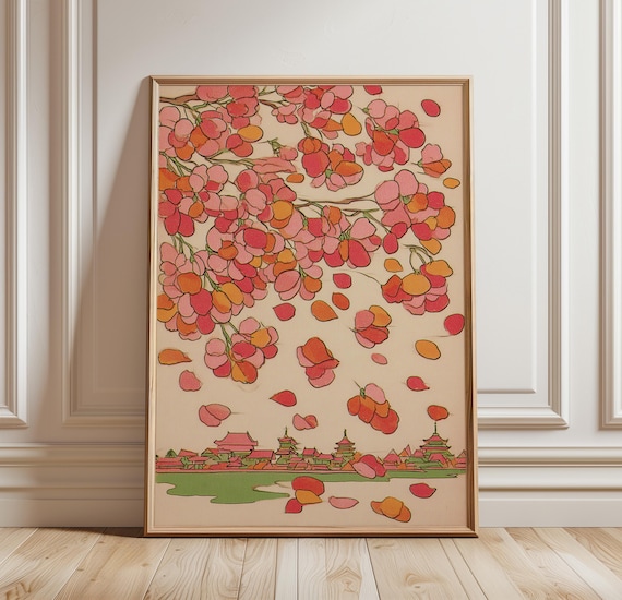 Cherry Blossom Petals Over Japanese Temple Town Illustration Poster