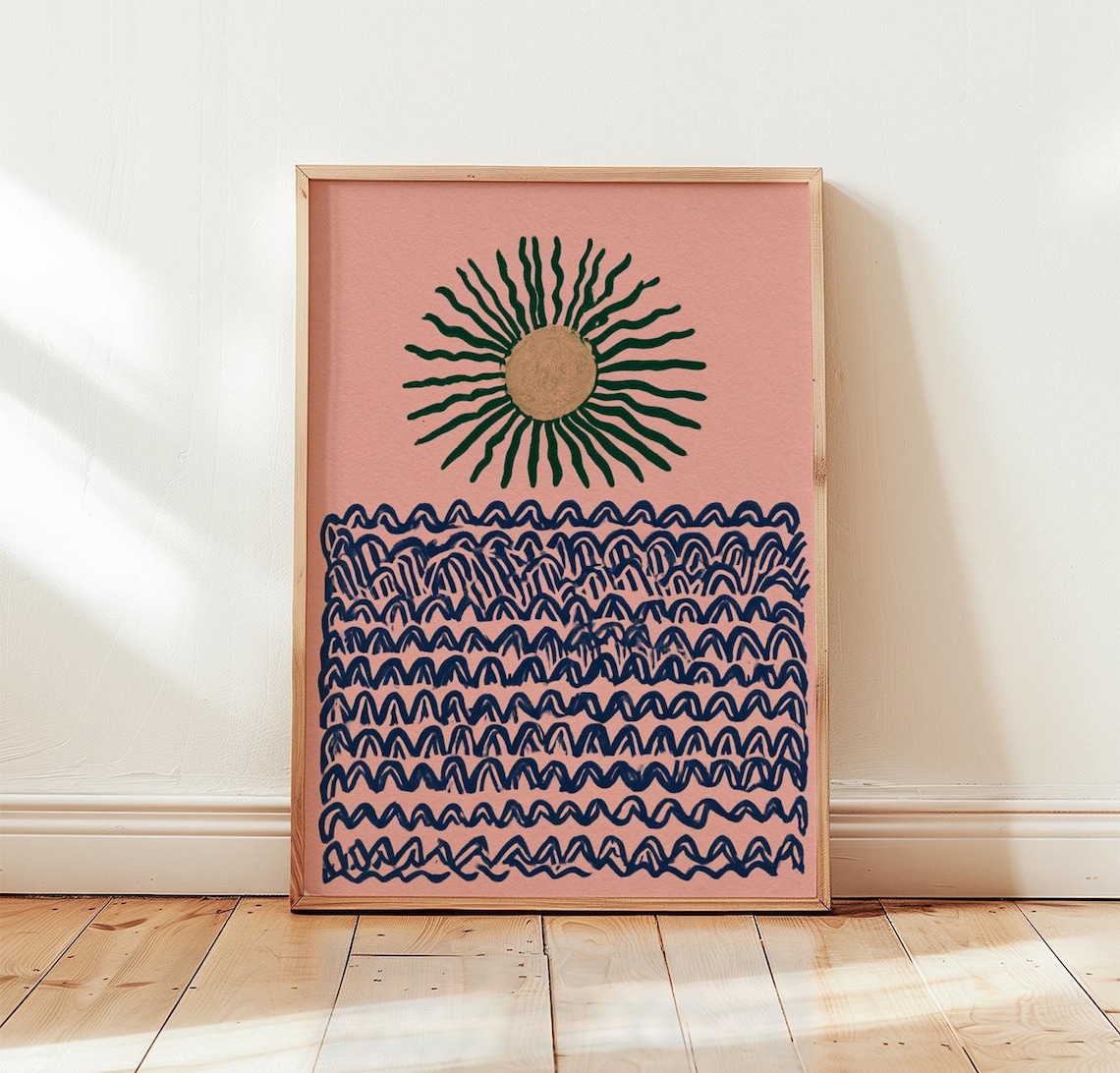 Pink Sun Folk Lithograph Poster, Ocean Art