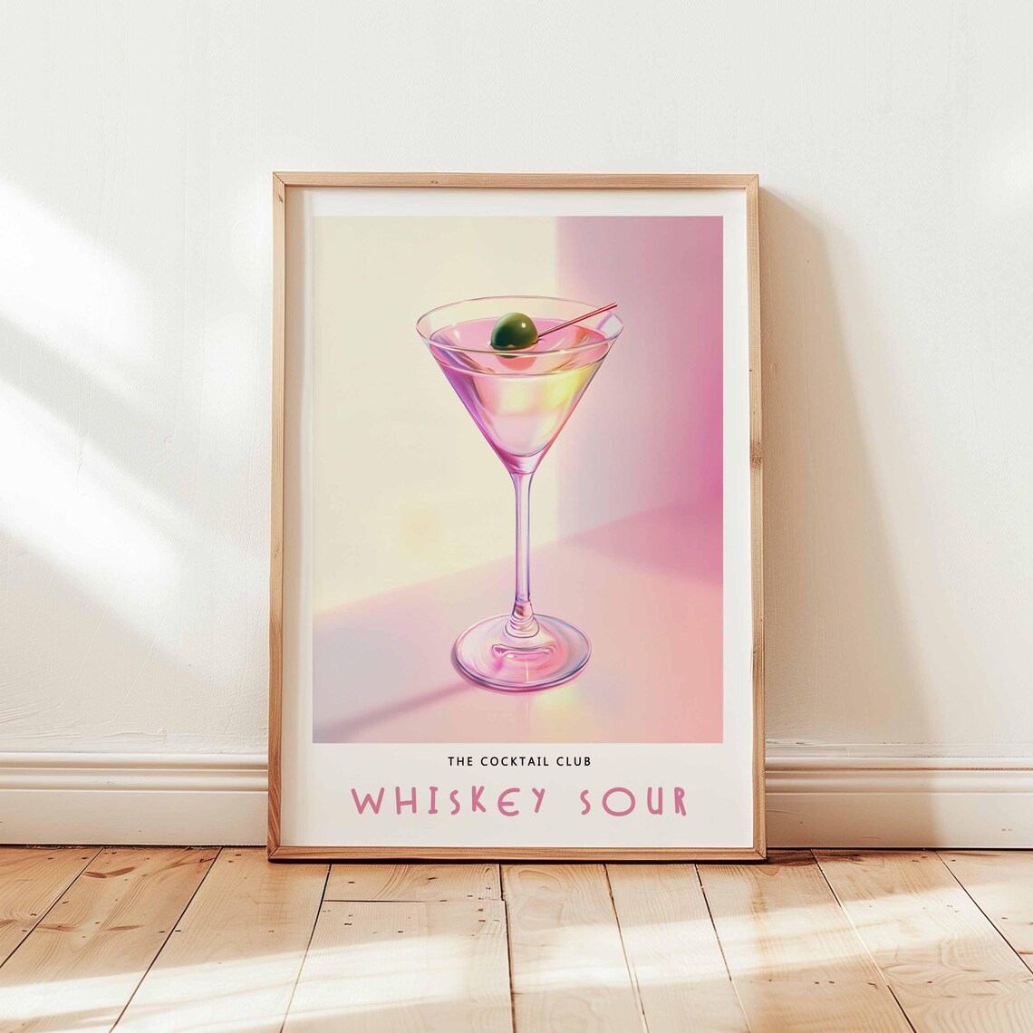 Whiskey Sour Iridescent Pink Martini Olive Cocktail Club Poster