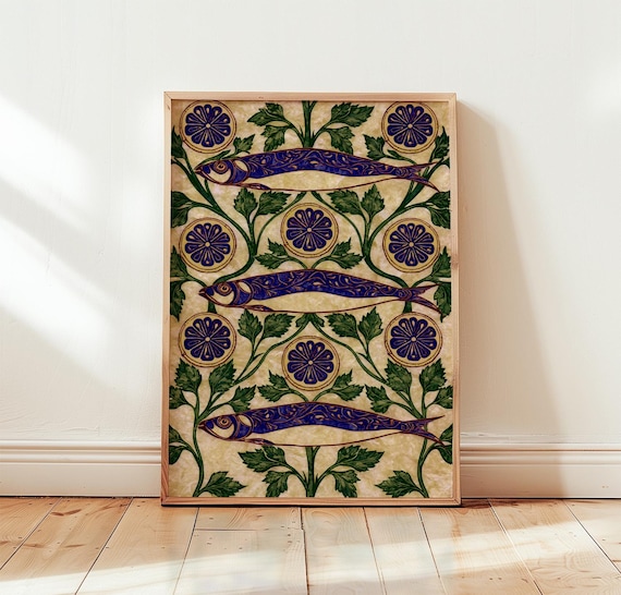 Blue Sardine Trio Folk Pattern with Lemon Medallions and Foliage Kitchen Poster