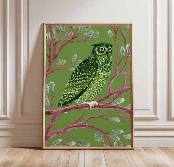 Green Owl Wall Art Vibrant Bird Poster Pink Branch Botanical Print Bright Nature Illustration Whimsical Wildlife Forest Animal