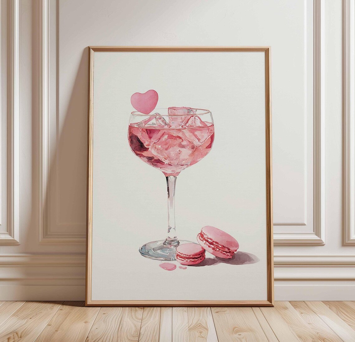 Pink Cocktail With Heart Garnish And Macarons Watercolor Poster