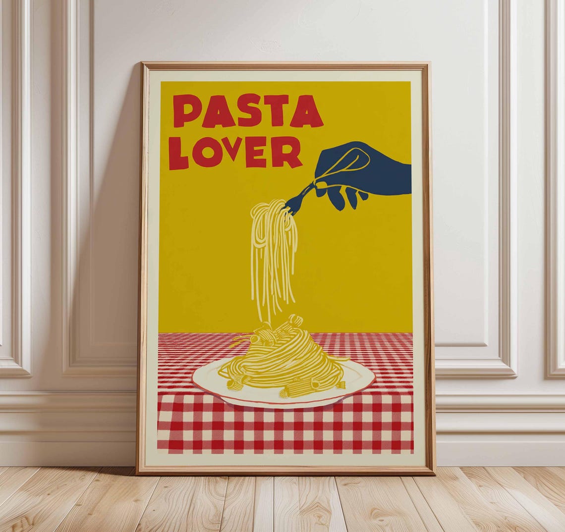 Pasta Lover Spaghetti Poster With Bold Yellow Italian Kitchen Design