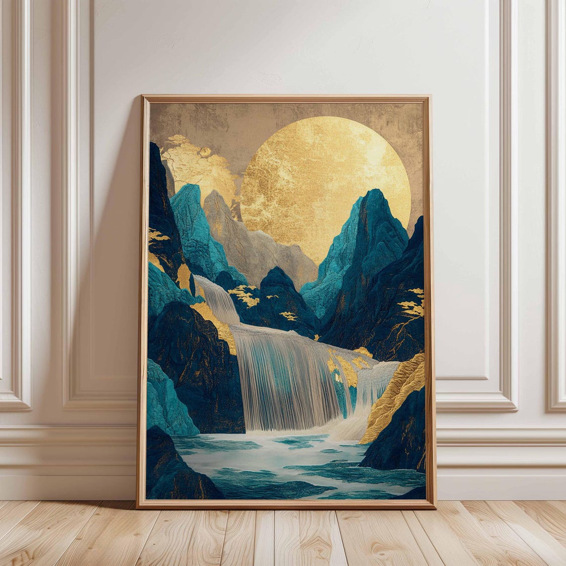 Golden Waterfall Blue Mountain Japanese Landscape Art Poster