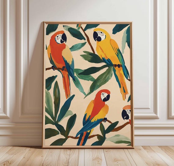 Parrot Poster Art Colorful Tropical Birds Wall Decor Nature Illustration Vibrant Animal Print Botanical Exotic Bird