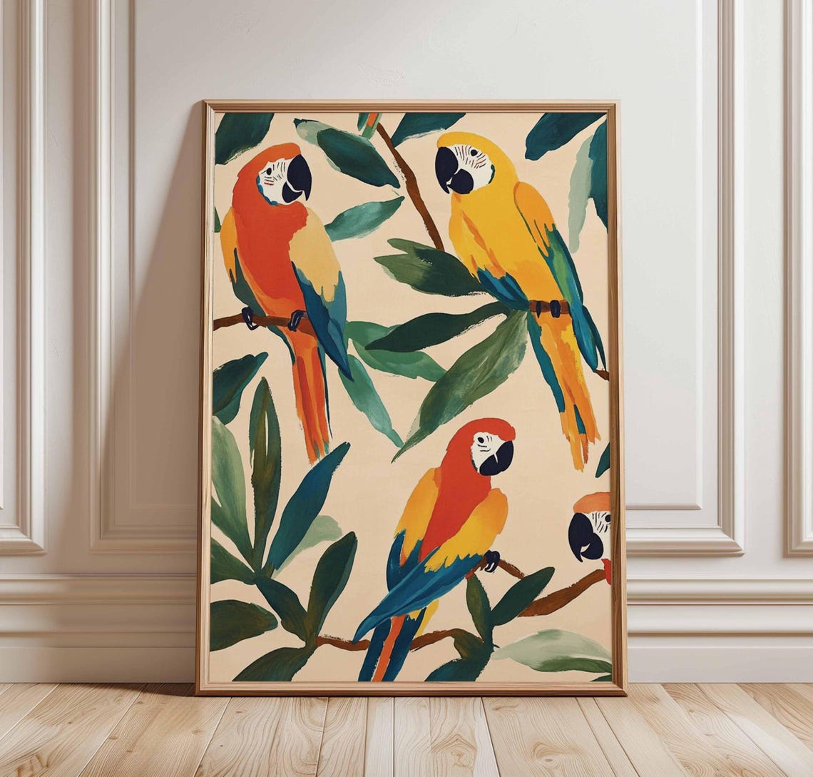 Colorful Parrots Tropical Botanical Bird Illustration Wall Poster