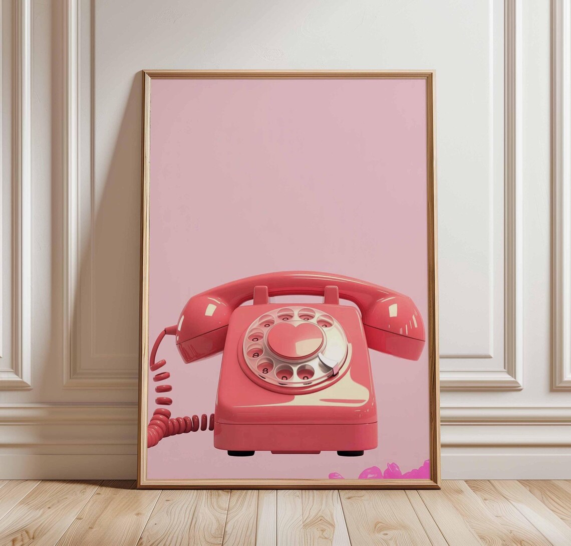 Retro Pink Rotary Telephone Pop Art Nostalgia Style Wall Poster