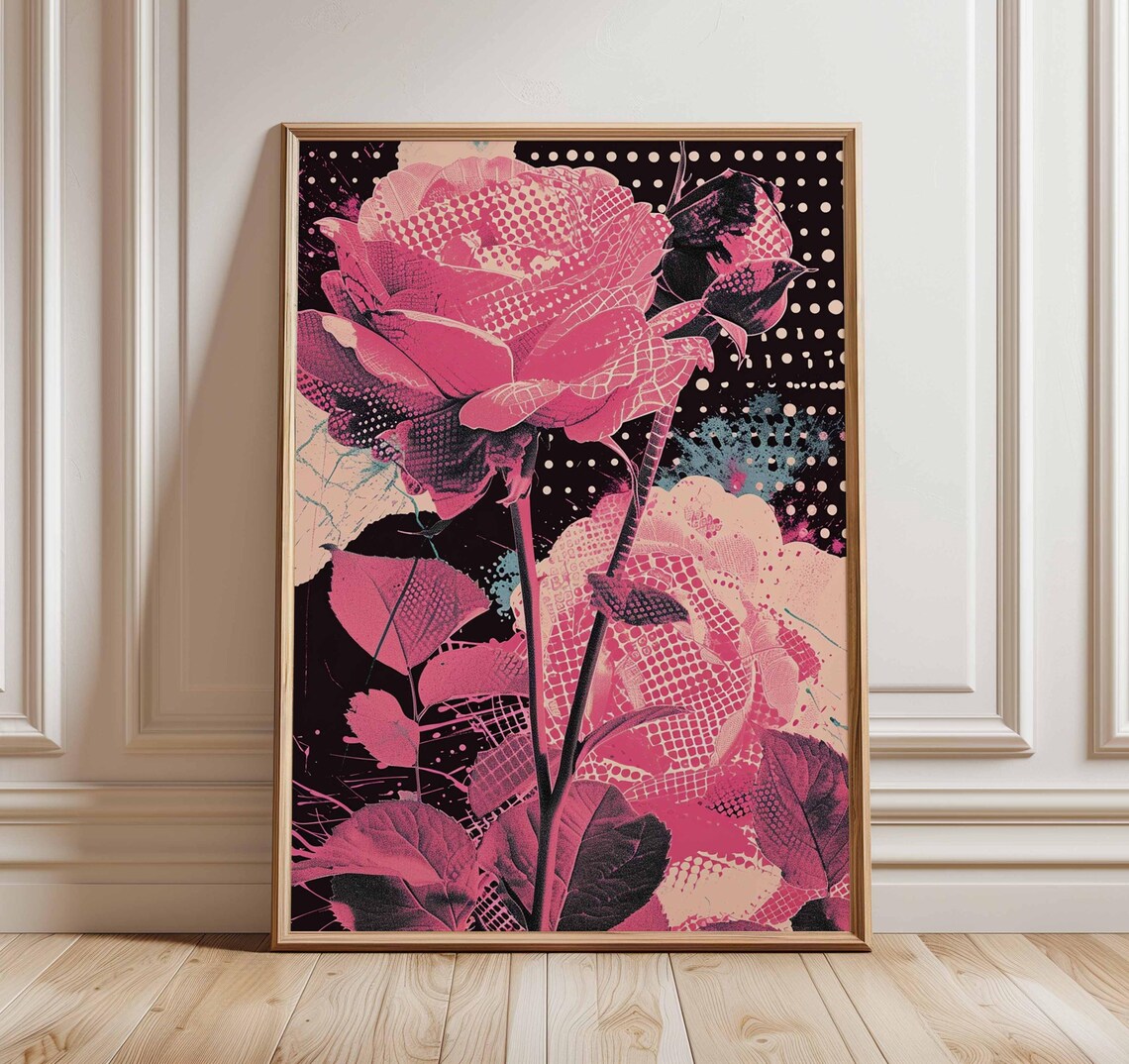 Bold Vibrant Pink Pop Art Rose Halftone Dots On Black Poster