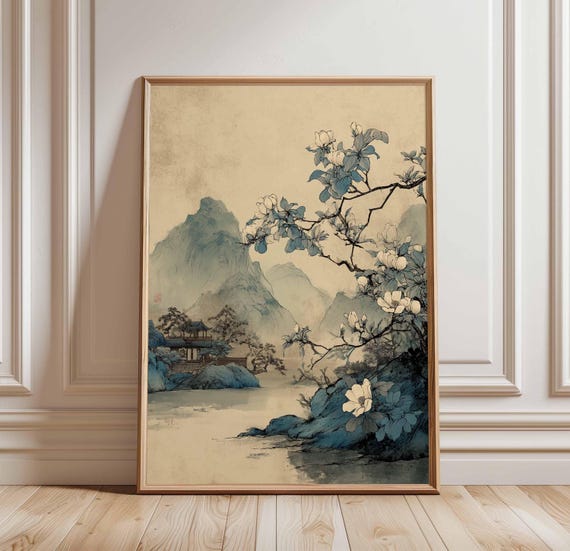 Chinese Landscape Vintage Mountain Art Print, Zen