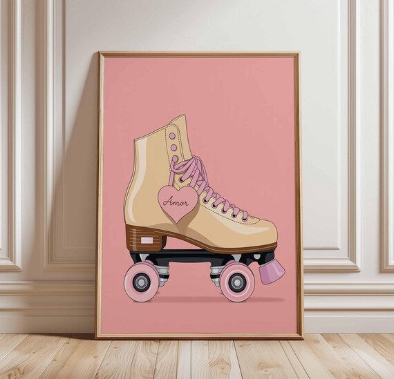 Retro Roller Skate Amor Heart Charm Pink Laces Cute Room Decor Poster