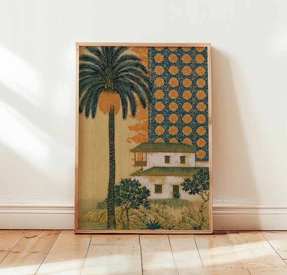 Palm Tree Coastal Villa Blue Gold Pattern Woodblock Style Print