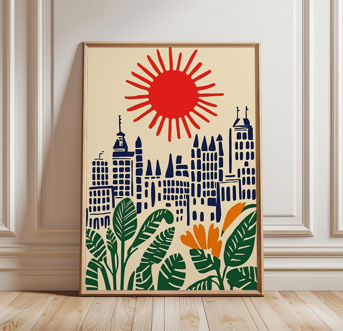 Tropical Cityscape Red Sun Skyline Palm Leaf Modern Botanical Art Poster