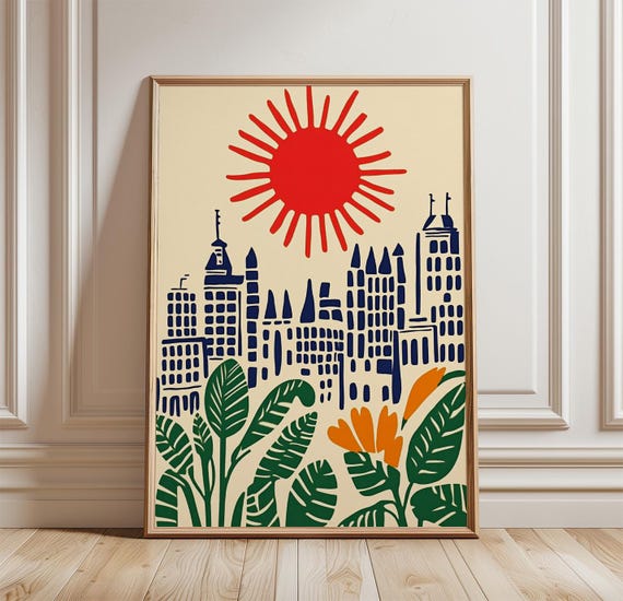 Tropical Cityscape Poster Red Sun Wall Art Folk Style Print