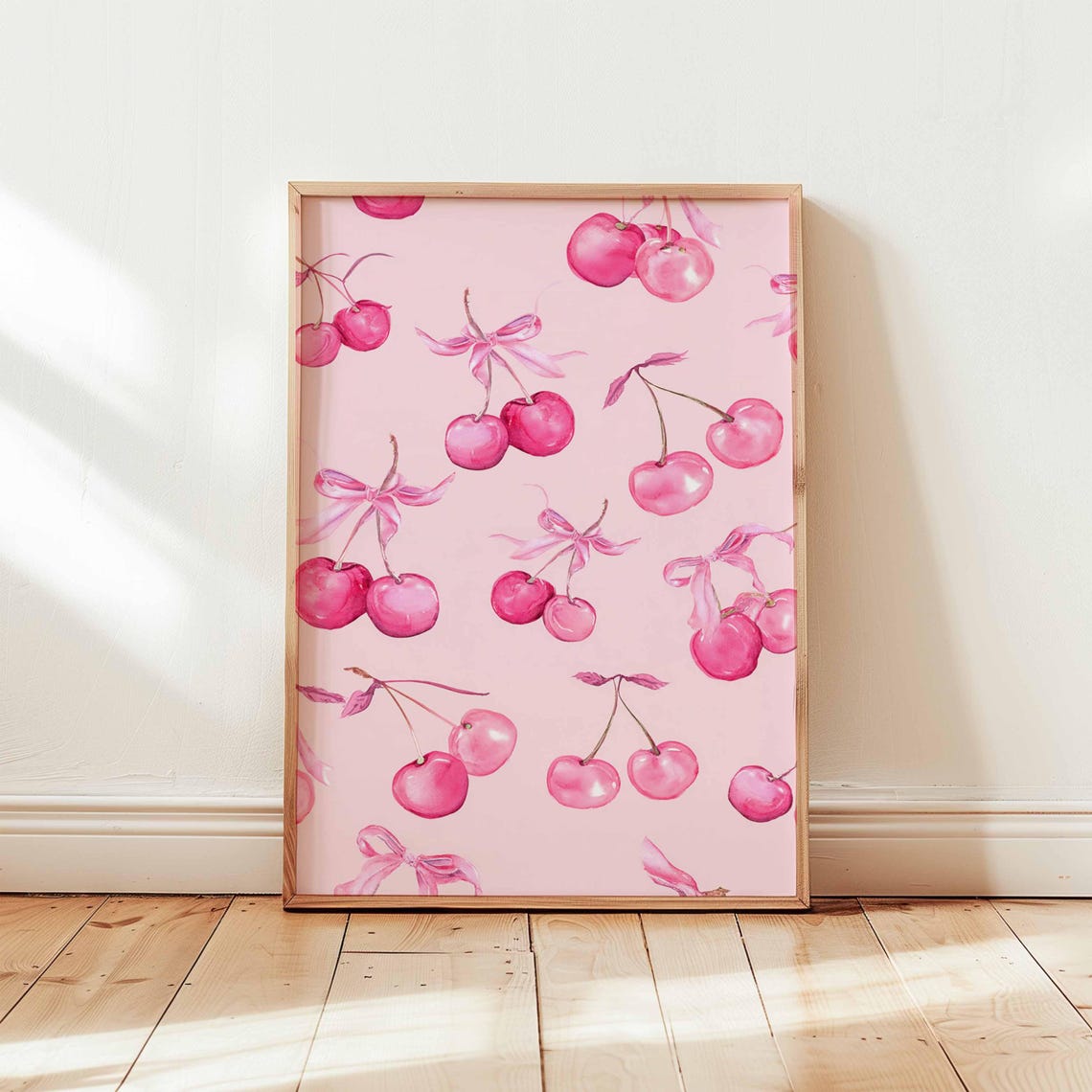 Pink Cherry Watercolor Pattern With Ribbons Coquette Kitchen Poster
