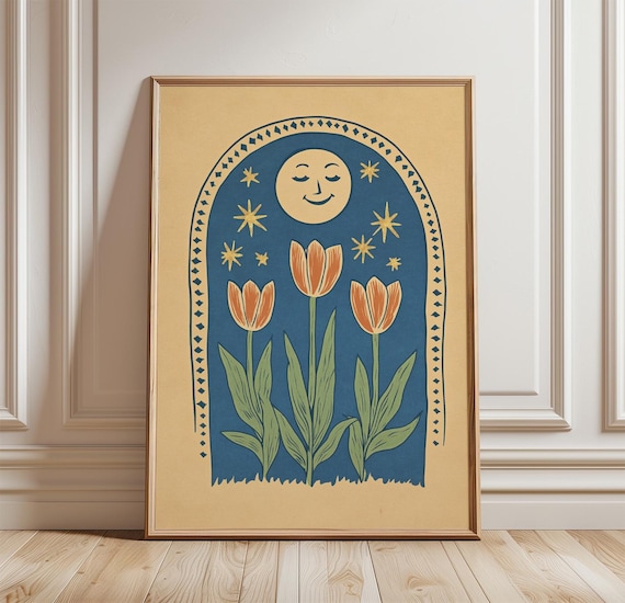 Tulip Moon, Celestial Night Garden Illustration
