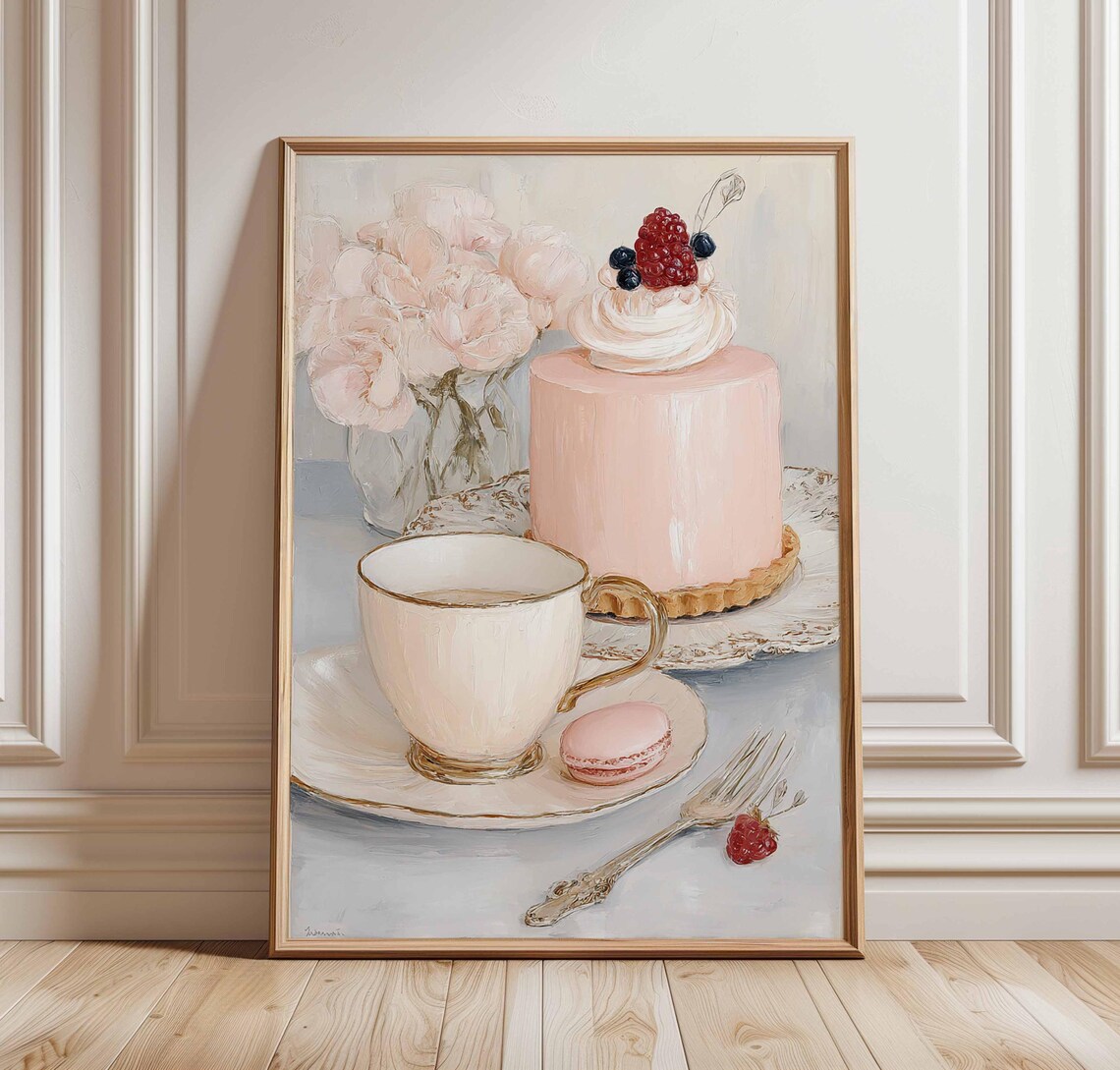 Pink Berry Cake Tea Cup Macaron French Patisserie Kitchen Print