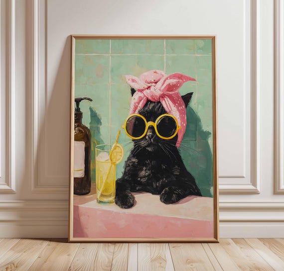Cool Cat Wall Art Print Funny Black Poster With Glasses Retro Bathroom Decor Quirky Animal Illustration Lemonade Spa Artwork
