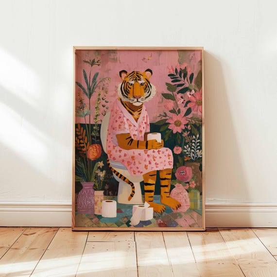 Funny Tiger Bathroom Wall Art Whimsical Animal Poster Quirky Jungle Decor Pink Floral Toilet Print Playful Illustrated Unframed
