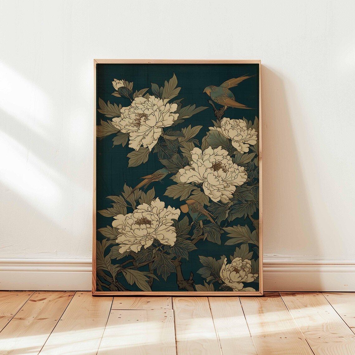 Japanese Floral Bird and Peony Vintage Art Print