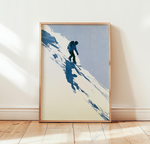 Snowboarder Silhouette Steep Mountain Slope Blue Winter Poster