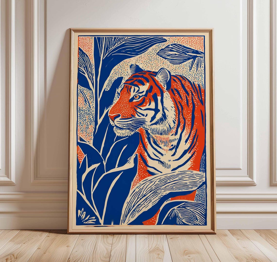 Blue and Orange Tiger Bold Jungle Safari Graphic Wildlife Wall Art