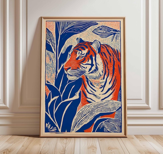 Blue Orange Tiger Print Bold Jungle Wall Art Graphic Safari Poster Tropical Animal Decor Vibrant Wildlife Illustration