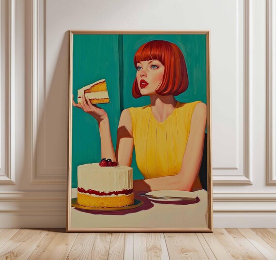 Retro Cake Poster Modern Pop Art Woman With Red Hair And Layered Bold Kitchen Wall Print Colorful Dessert Food Illustration