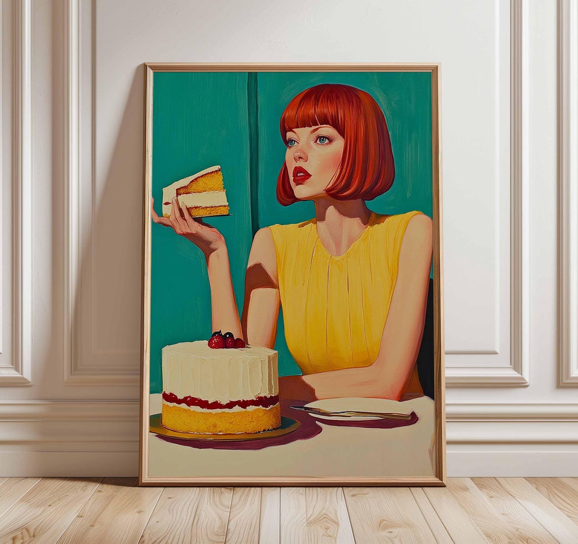 Retro Redhead Woman Eating Cake Pop Art Colorful Kitchen Decor Poster
