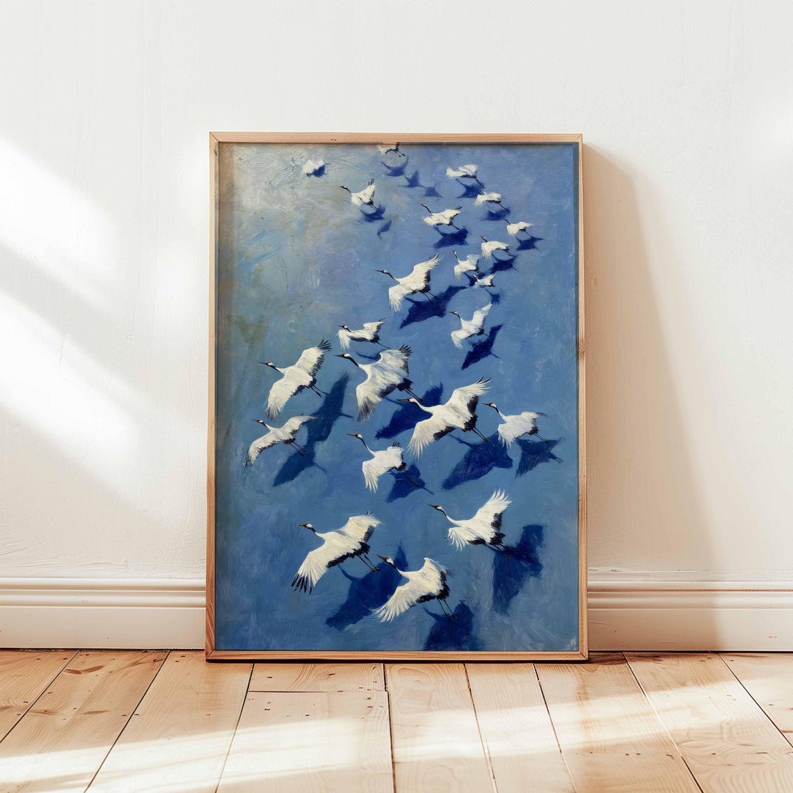 Flying White Cranes Flock Blue Sky Sunlit Painting Nature Poster