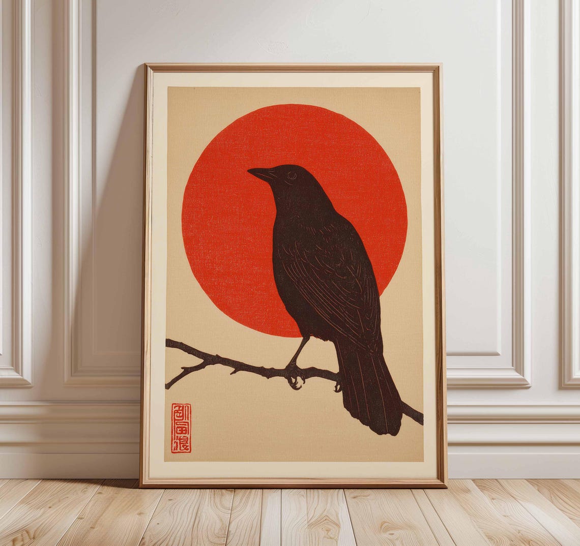 Japanese Crow Red Sun Traditional Minimalist Bird Art Poster