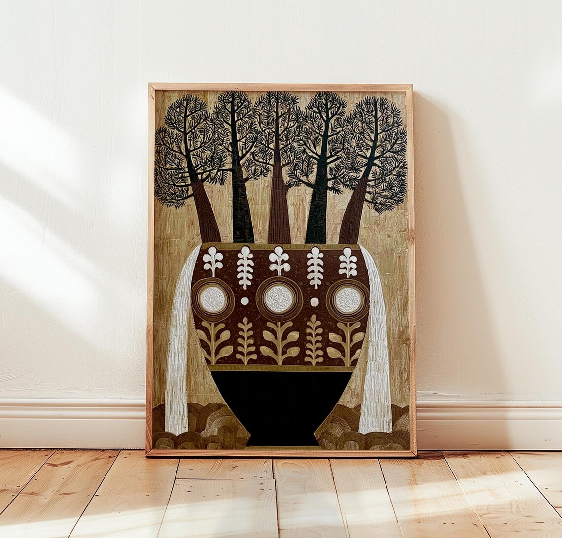 Tree Vase Woodcut Botanical Art Print