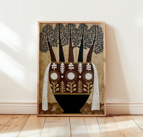 Tree Vase Woodcut Botanical Art Print