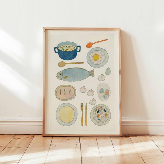 Whimsical Kitchen Art Print Watercolor Food Poster Cute Culinary Wall Decor Dining Room Unframed Illustration For Lovers