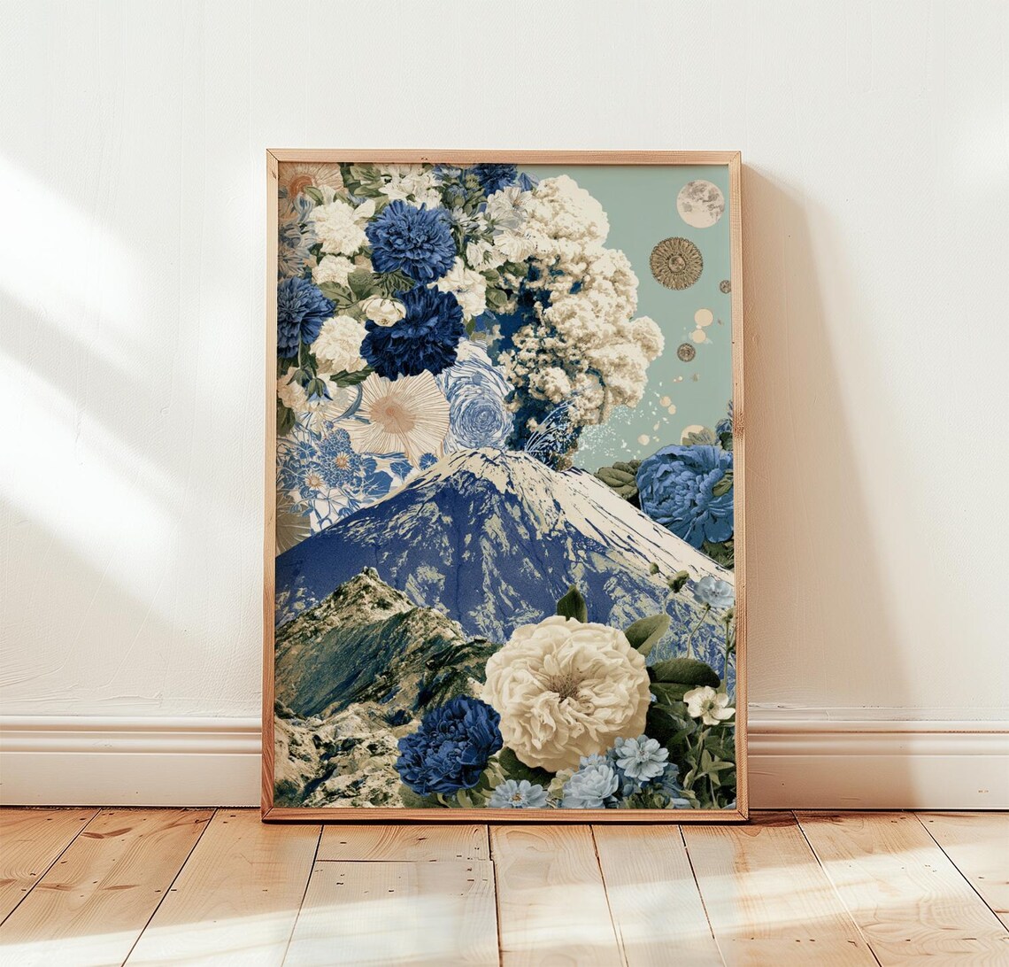 Blue Volcano Floral Mountain Art Print