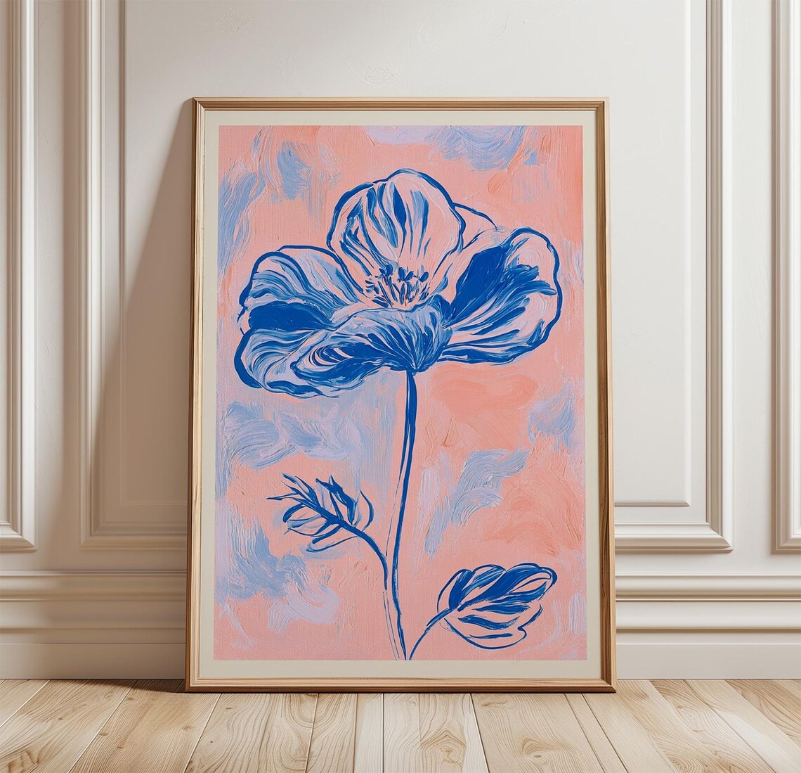 Blue Bloom Pink Background Painterly Bold Floral Botanical Modern Home Poster