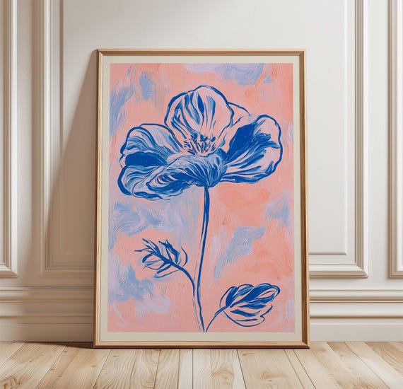 Blue Floral Poster Pink Flower Wall Art Botanical Print