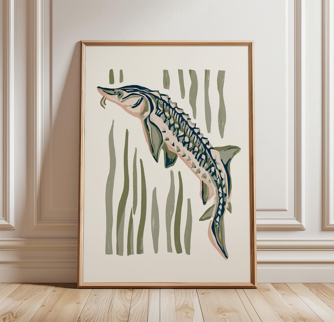 Sturgeon Fish Poster, Linocut Coastal Wall Art