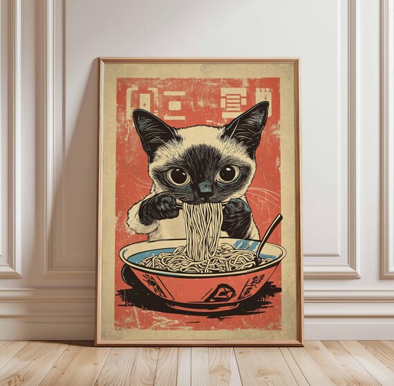 Siamese Cat Eating Ramen Red Retro Japanese Kitchen Wall Poster
