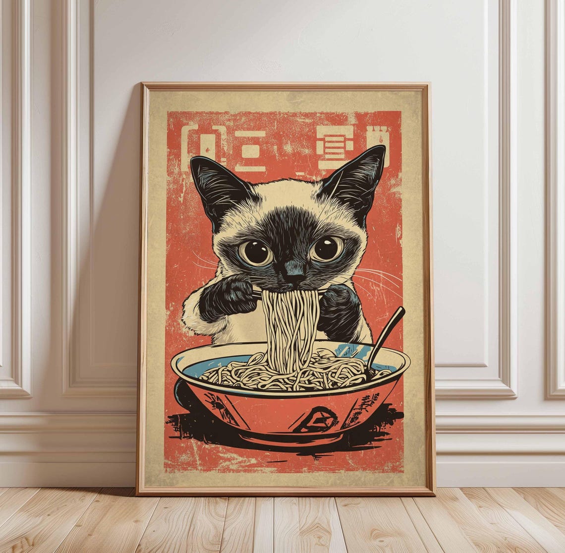 Siamese Cat Eating Ramen Red Retro Japanese Kitchen Wall Poster