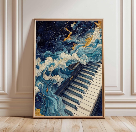 Piano Keys Melting Into Ocean Waves Surreal Music Art Poster