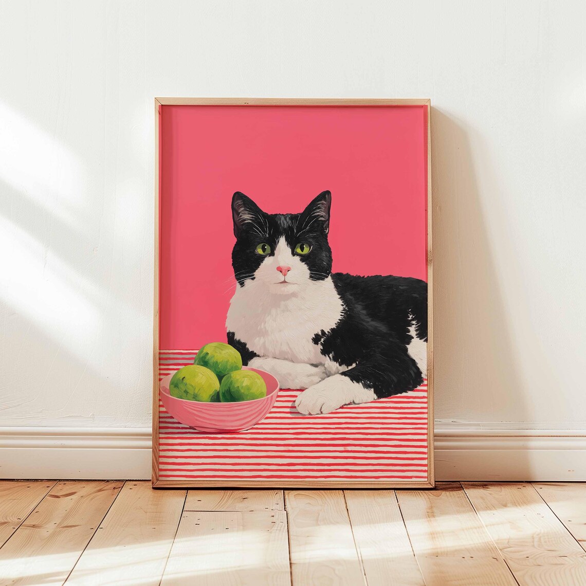 Charming Tuxedo Cat Lime Bowl Pop Art Pink Retro Kitchen Poster