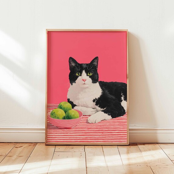 Charming Tuxedo Cat Lime Bowl Pop Art Pink Retro Kitchen Poster