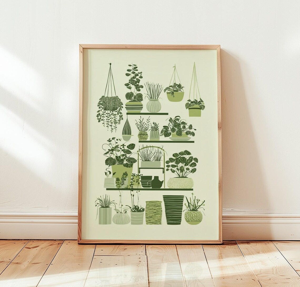 Green Houseplant Shelf Illustration Poster Sage Potted Plants Decor