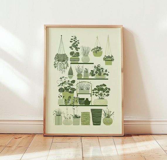Green Houseplant Shelf Illustration Poster Sage Potted Plants Decor