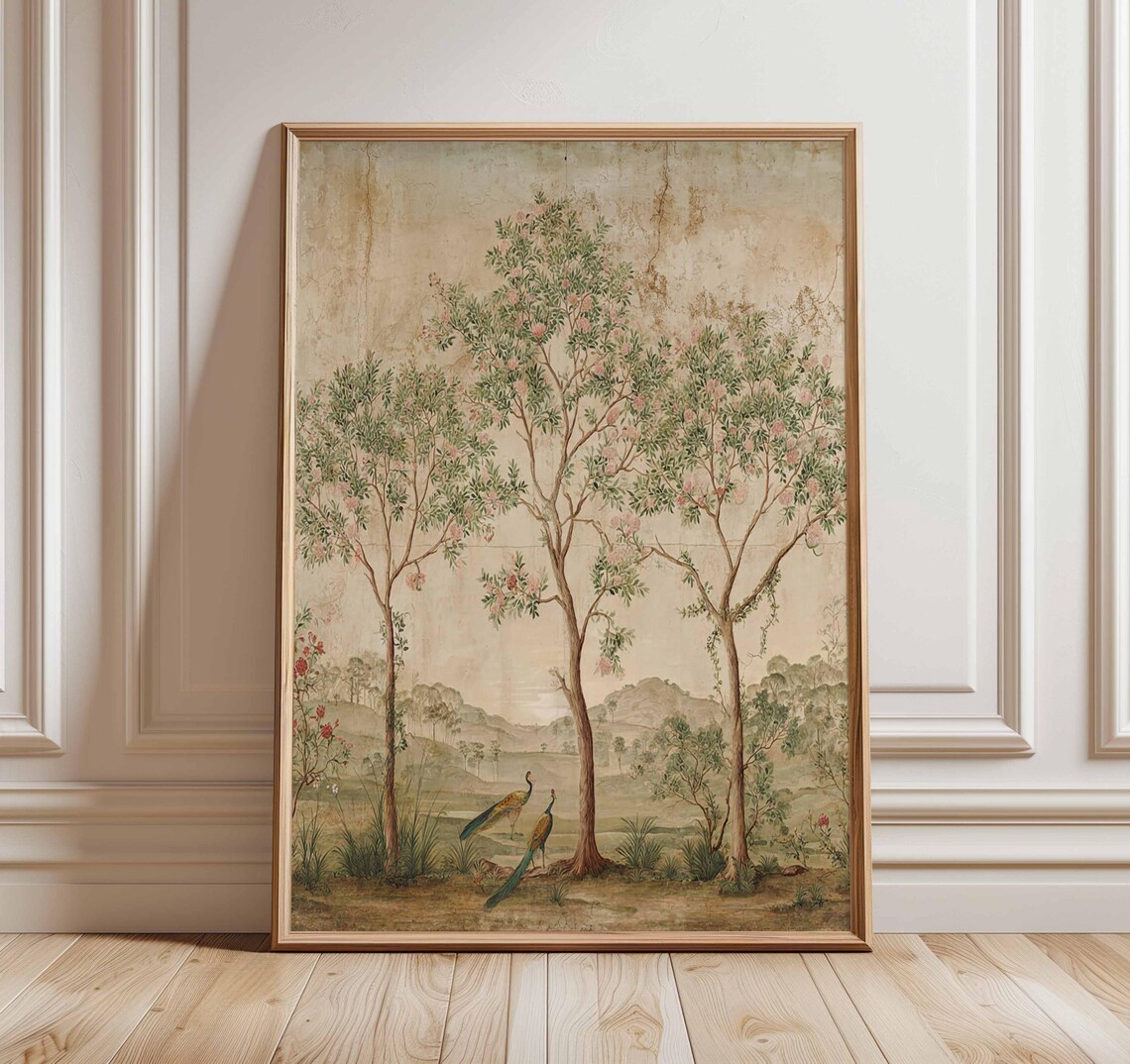 Vintage Tree Landscape Poster, Chinoiserie Botanical Print