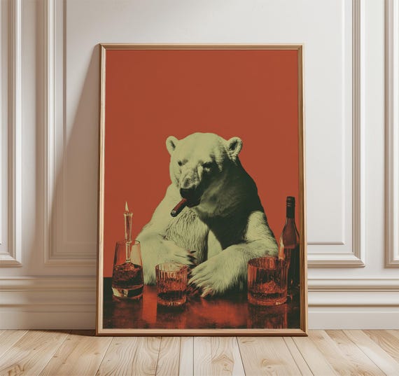 Polar Bear Poster Vintage Pop Art Style Print Whisky Bar Wall Animal Illustration